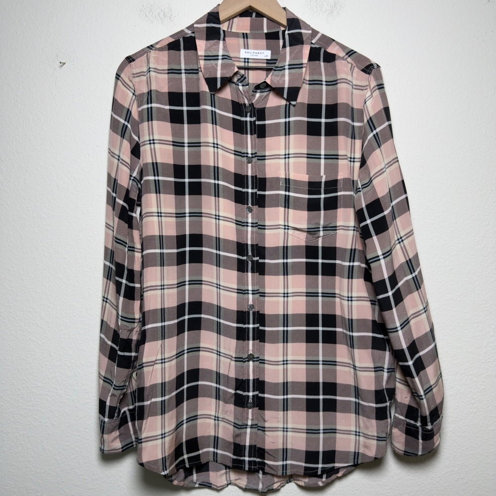 Equipment Femme Women 100% Silk Reese Plaid Shirt Large Pink Black Preppy